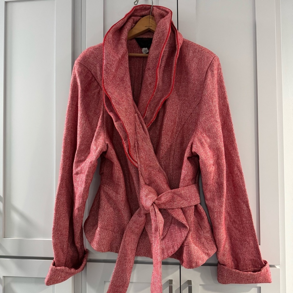 Women’s AS-HRO‎ Art to Wear Wrap Jacket Blazer Red White Metallic Tweed size 26